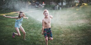 Kinder spielen mit dem Rasensprenger im Garten