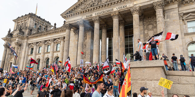 Demonstranten auf der Treppe des Reichstags