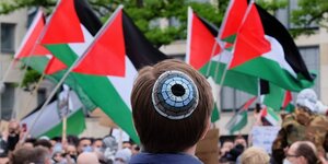 Ein mann mit einer Kippa steht vor einer Menschenmenge. Die Menschen tragen Palästinenser-Fahnen