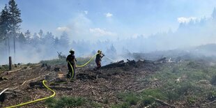 Zwei Feuerwehleute löschen auf einer Lichtung mit einem Schlauch einen schwelenden Baumstamm