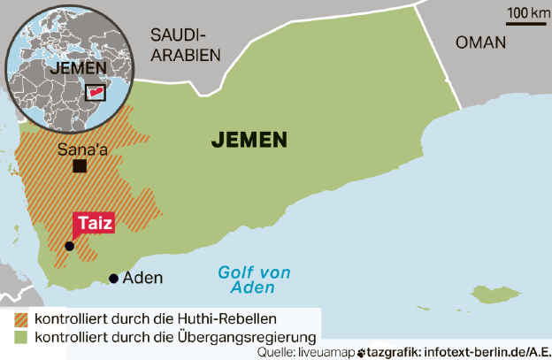 Map of Yemen showing the regions controlled by the government and the Houthi rebels respectively.