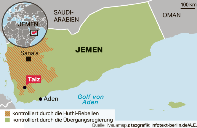 Karte vom Jemen mit den Regionen, welche die Regierung und die Huthi-Rebellen jeweils kontrollieren.