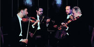 Das Baldrian Quartett mit Instrumenten vor dunklem Hintergrund