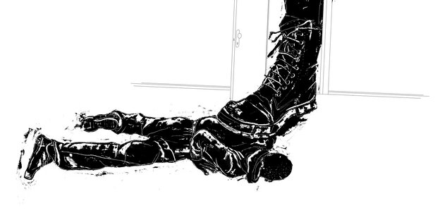 Illustration: ein überdimansional großer stiefel schreitet dirch eine Tür und tritt auf einen am Boden liegnden Mann