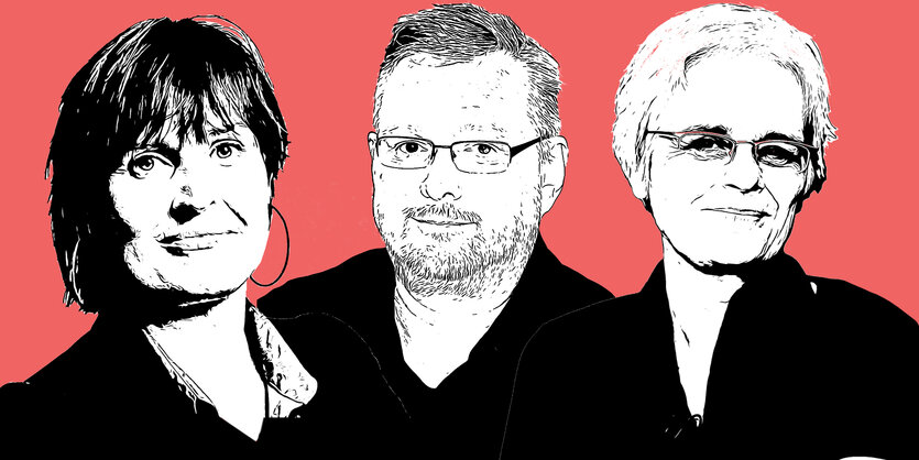 Illustration Anja Krüger, Pascal Beucker, Ulrike Herrmann, die Bundestalk-Sprecher:innen