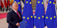 Orbán läuft vor EU-Fahnen entlang