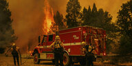 Feuerwehrmann stehen vorm Feuerwehrauto und Wald in Flammen