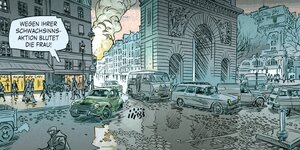 Comicbild mit einer Straßenszene rund um den Arc de Triomphe