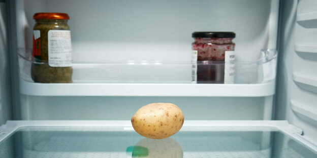 Eine Kartoffel in einem leeren Kühlschrank