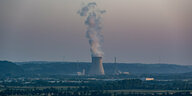 Dampf steigt aus einem Kühltum eines Atomkraftwerks auf