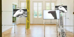 Monitore und Spruchbänder: Blick in in die laufende Ausstellung in der Braunschweiger Kunstvereins-Villa