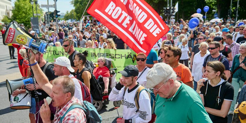 Demonstranten mit Megafon und Fahne