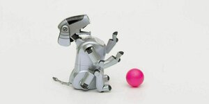 Ein Roboterhund sitzt vor einem Ball, Vorderpfoten in der Luft