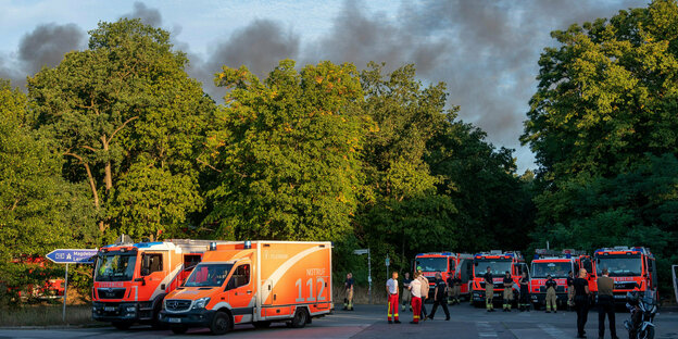 Feuerwehrfahrzeuge stehen am Kronprinzessinnenweg in Berlin. Der Himmel ist voller Rauchschwaden.