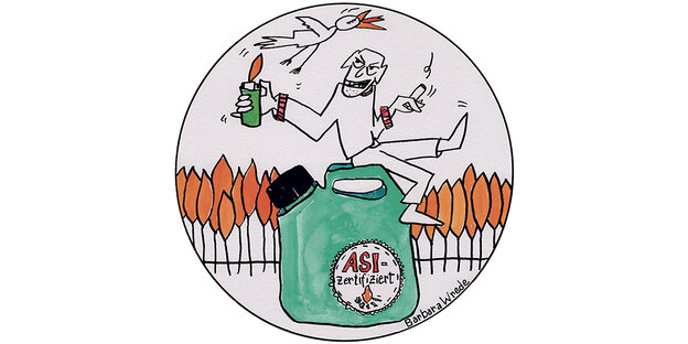 Ein gezeichneter Cartoon. Auf einer Flasche Benzin als Brandbeschleuniger sitzt ein wahnhaft grinsender Mann, der raucht und ein Feuerzeug anknipst. Ein Vogel fliegt verschreckt weg. Im