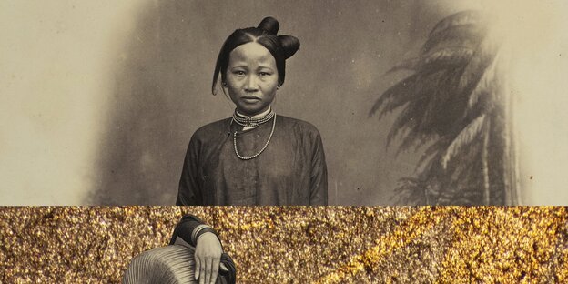 Historisches Foto von vietnamesischser Frau, unten mit nachträglichen Goldüberzug