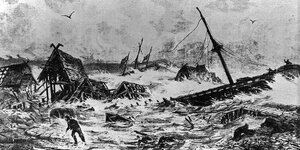Eine Zeichnung zeigt Schiffe, Häuser und Menschen beim Untergang in einem stürmischen Meer.