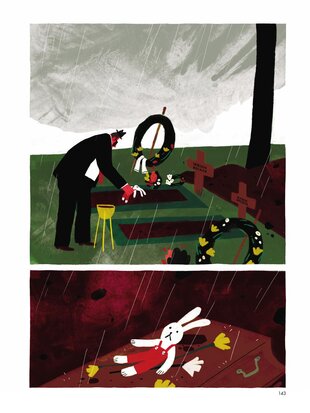 Comicbild: Beerdigungsszene. Ein Mann legt einen Stoffhasen auf einen Sarg