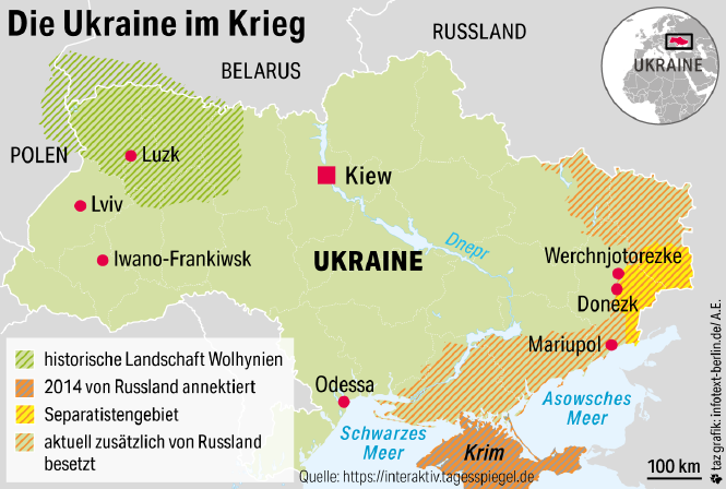 Eine Karte zeigt umkämpfte und besetzte Gebiete, sowie die historische Region Wolhynien