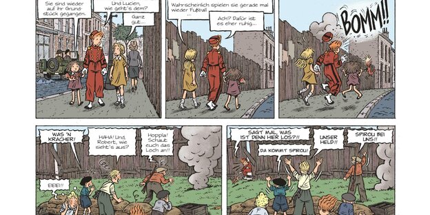 Ein Comic: drei Kinder gehen auf einer Straße spazieren, auf einmal gibt es eine Explosion hinter einem Bretterzaun. Sie schauen dahinter und werden freudig begrüßt von anderen Kindern