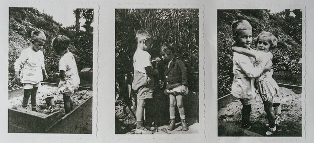 schwarz-weiße Kinderfotos ein Mädchen und ein Junge spielen