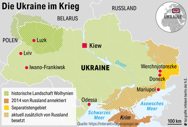 Eine Karte zeigt den Frontverlauf und verschiedene Städte in der Ukraine