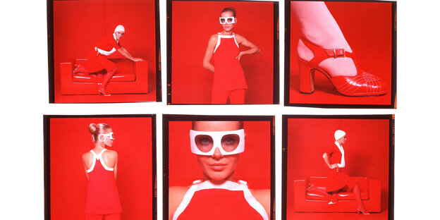 Bildserie von Charlotte March: Figuren, Gesichter, Schuh, rot auf rotem Grund