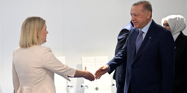 Die Schwedische Ministerpräsidentin Andersson und der türkische Präsidente Erdogan geben sich die Hand