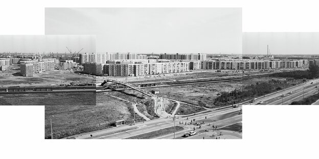 Die Sollage aus drei Schwarzweiß-Fotos zeigt das eben neu gebaute Plattenbau-Viertel Groß Klein in Rostock aus der Luft