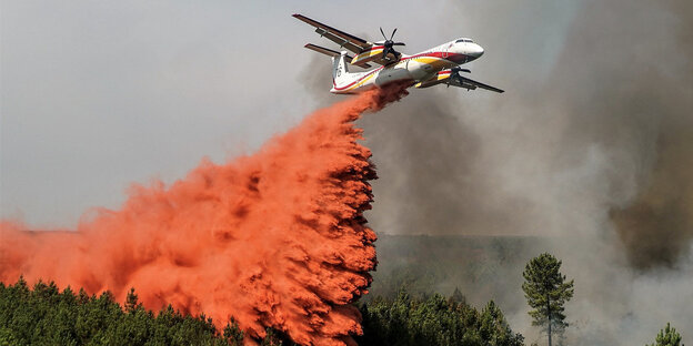 Ein Flugzeug der französischen Feuerwehr wirft roten Flammenhemmstoff über einem brennenden Gebiet ab