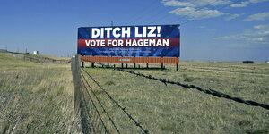 Ein Plakat auf einem Feld: "DitchLiz". Vote for Hageman