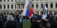 Eine Menschenmenge, einige Teilnehmer tragen die Fahnen Russlands und des deutschen Reichs