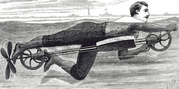 Das Bild zeigt die Zeichnung eines Mannes, der mit Hilfe eines Schwimmapparates sich im Wasser fortbewegt