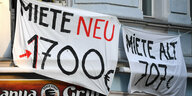 "Miete neu 1.700 - Miete alt 700" steht auf einem Transpi an einer Berliner Hauswand