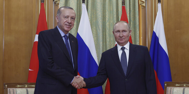 Recep Tayyip Erdogan und Wladimir Putin reichen sich vor Flaggen der Türkei und Russland die Hände
