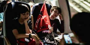 Zwei Jugendliche sitzen mit FFF-Flagge im Zug