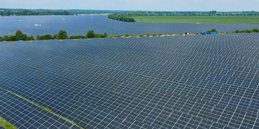 Wiese mit vielen Solaranlagen aus der Luftansicht.