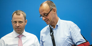 Mario Czaja, CDU-Generalsekretär, und Friedrich Merz, CDU-Vorsitzender, bei einer Pressekonferenz.