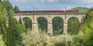 Ein Zug fährt über eine alte Brücke.