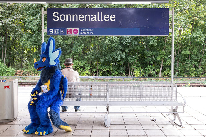 Ein blauer Furry sitzt an der S-Bahn-Station Sonnenallee