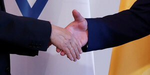 Die Präsidenten Herzog und Steinmeier reichen sich bei einer Pressekonferenz die Hände.
