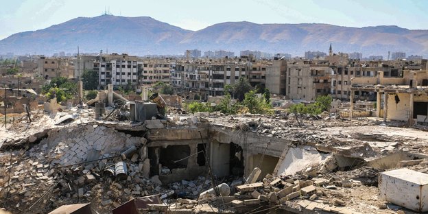 Zerstörte Gebäude in Damaskus, Syrien.
