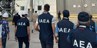 Menschen in blauen Westen mit der Aufschrift IAEA vor dem AKW