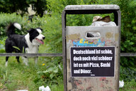 Ein zugemüllter Mülleimer an einer Grünfläche mit der Aufschrift: Deutschland ist schön, aber noch schöner ist es mit pizza, sushi und döner