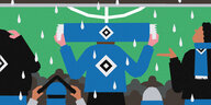 Eine Illustration zeigt stilisiert das Stadion des HSV, der Geldsorgen hat, und Fans