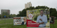 Auf einer Wiese stehen mehrere Wahlplakate, eines ist von der SPD, ein anderes von der CDU