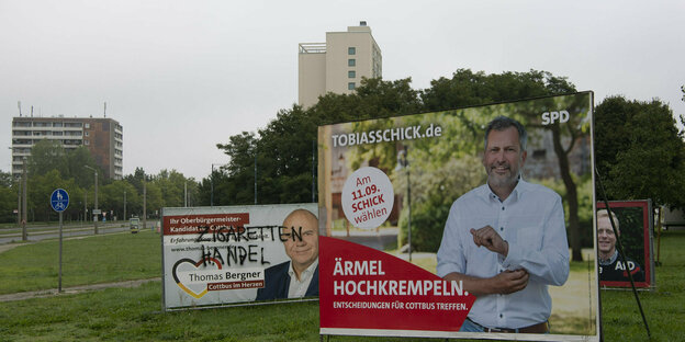 There are several election posters on a meadow, one is from the SPD, another from the CDU