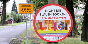 Ein Schild am Cottbuser Ortseingang, das dazu aufruft, nicht die 