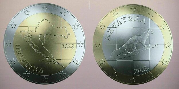Neue kroatische ein-Euro-Münze mit den Symbolen Landkarte und Marder