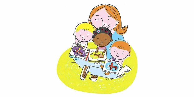 Zeichnung einer Erzieherin die mit drei Kindern Bilderbücher liest